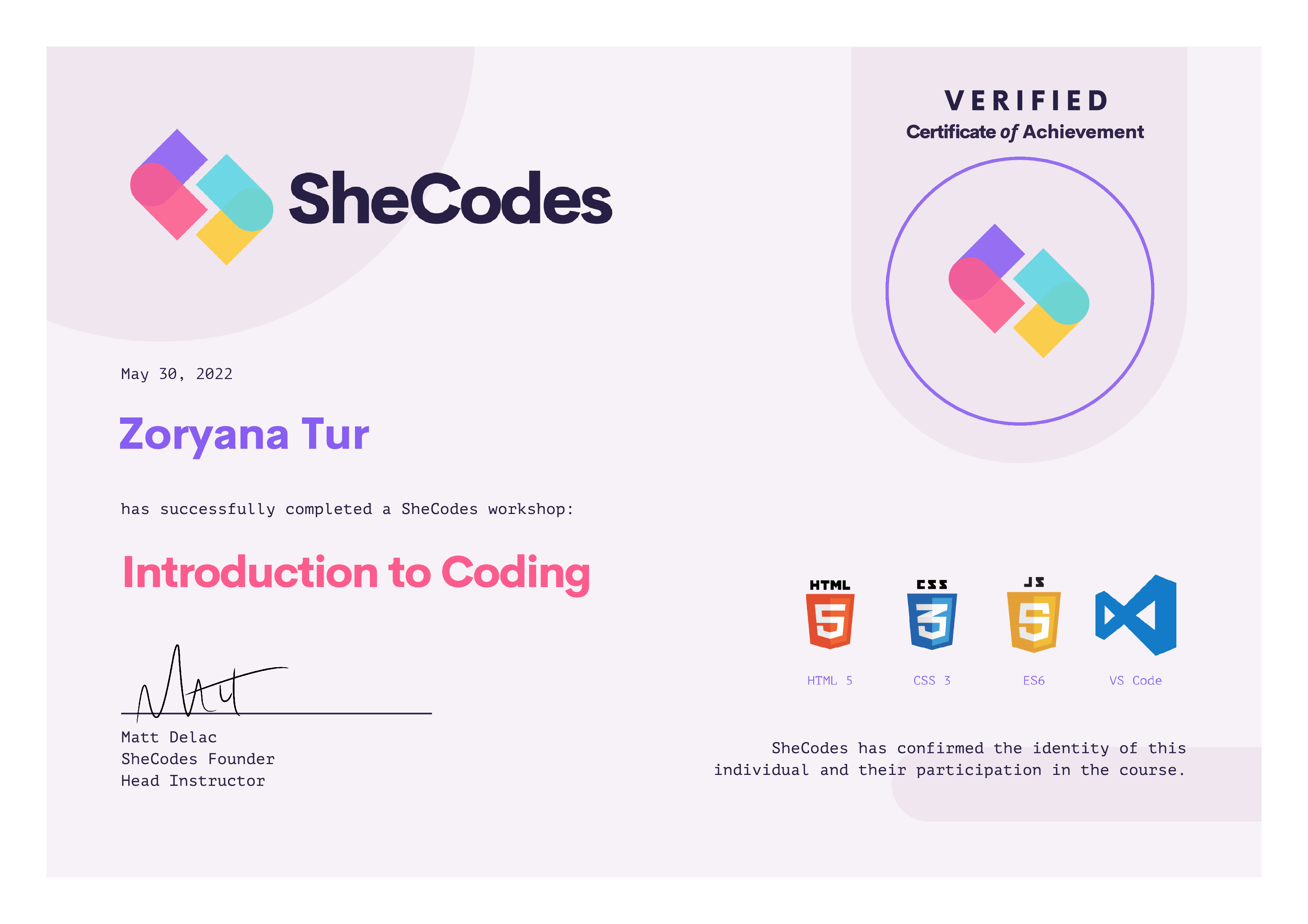 SheCodes Basic Certificate