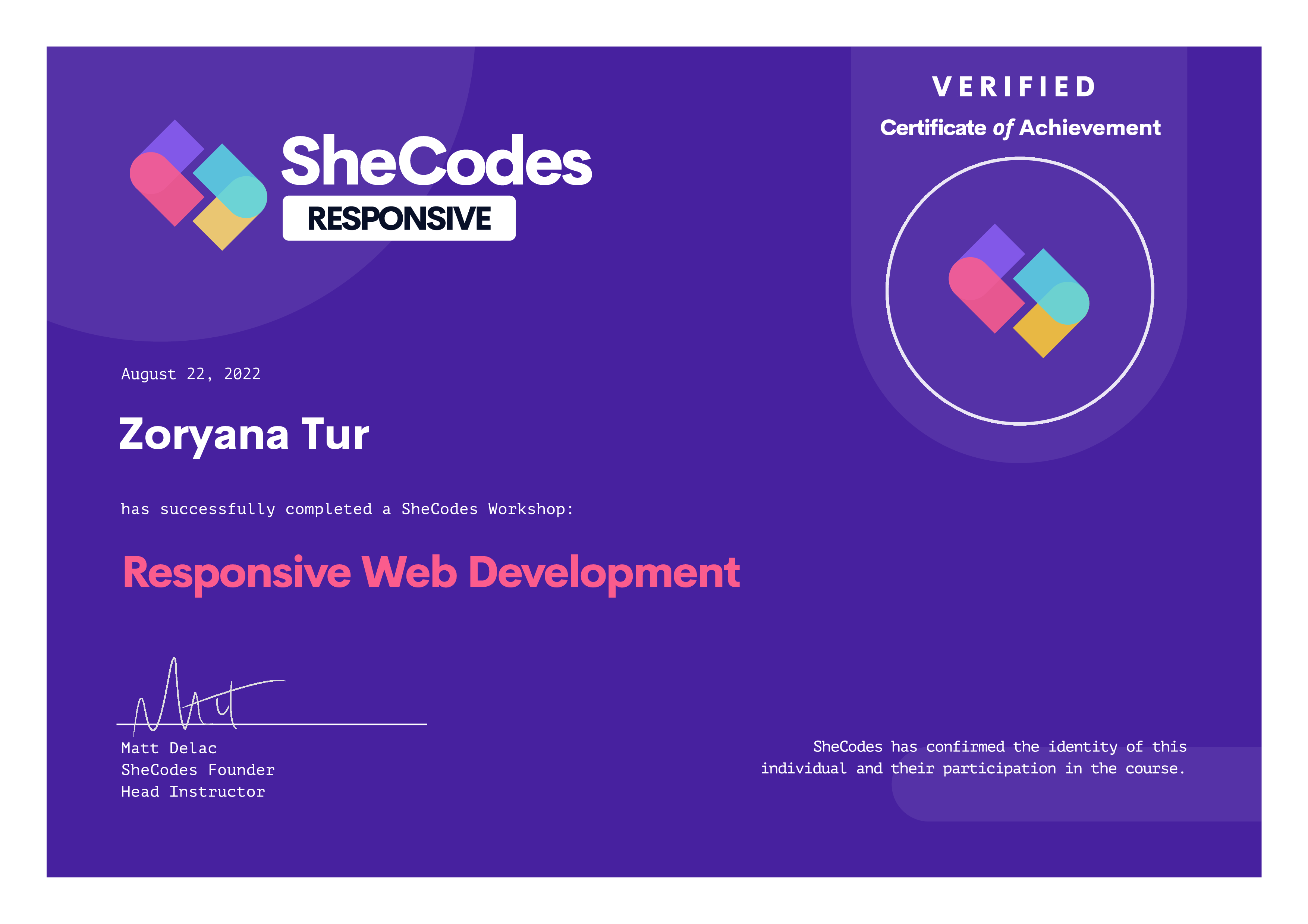 SheCodes Responsive Certificate